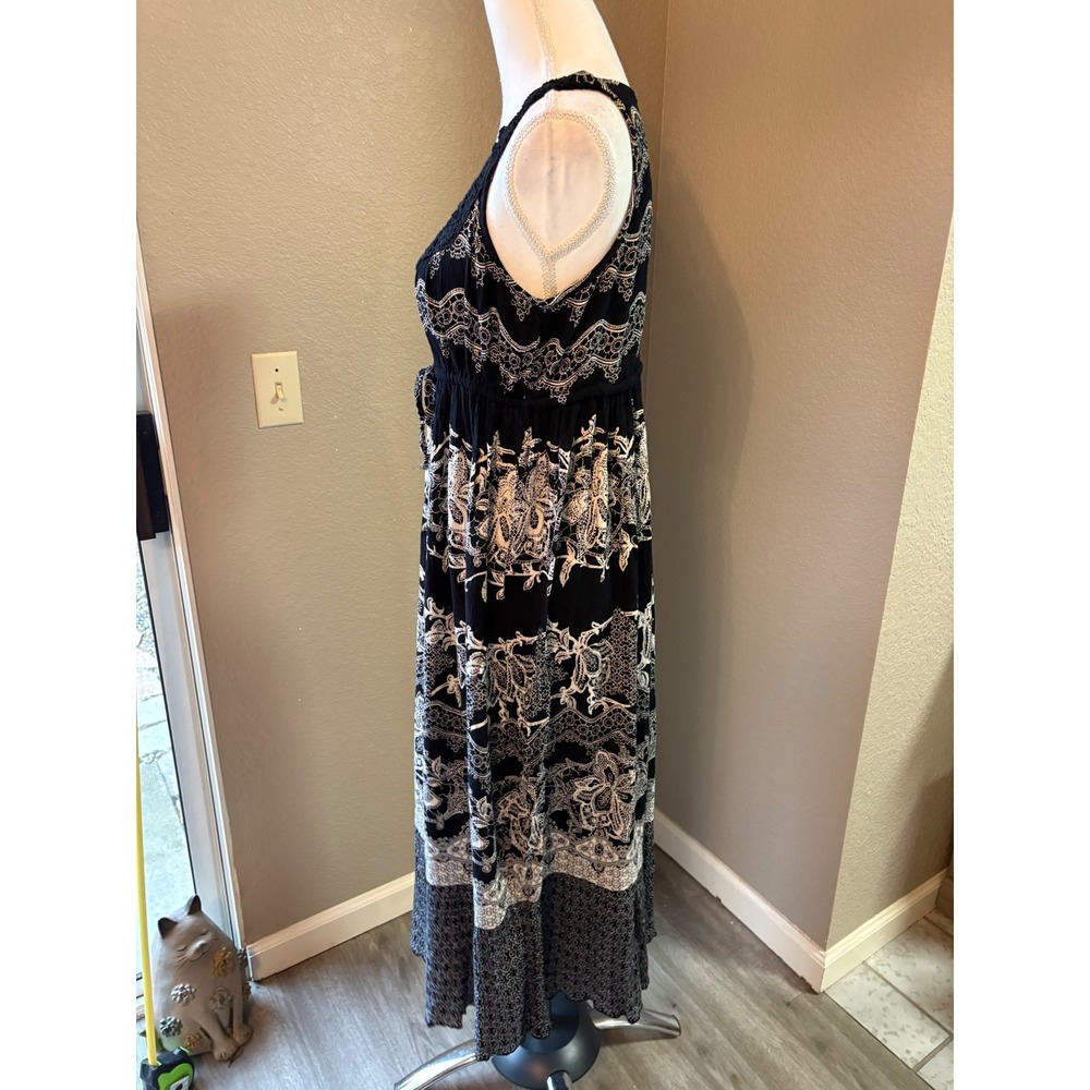 Bila Womens Black White Paisley Crochet Neck Maxi Dress Large Boho - Picture 2 of 8